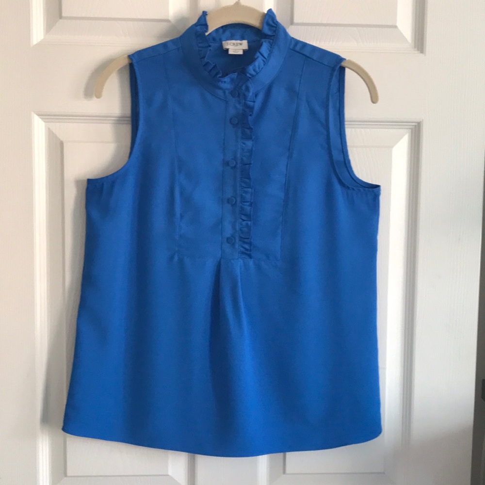 Women’s J.Crew ruffled sleeveless top sz 4 royal blue polyester button placket